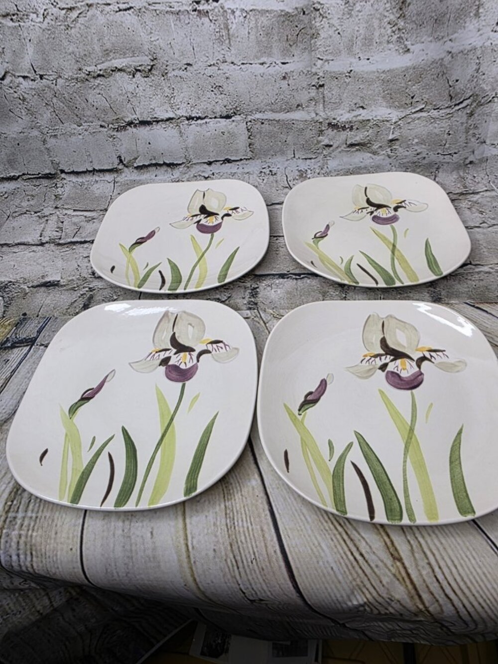 Set of 4 Vintage Red Wing Pottery Bread Plate Purple Iris Flower USA Appx 7.5"